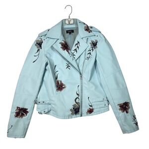 Light Blue Embroidered Moto Jacket Faux Leather Studded Zipper Size S
